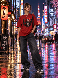Female model wearing Zingleberry Crimson Nocturne red oversized dark fantasy graphic T-shirt with charcoal wide-leg jeans in a neon city street setting.
