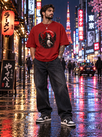 Male model wearing Zingleberry Crimson Nocturne red oversized gothic graphic T-shirt with black baggy jeans on a Tokyo-inspired night street.