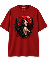 Zingleberry Crimson Nocturne red oversized cotton T-shirt featuring dark fantasy woman, black wings, red roses and crimson moon artwork.