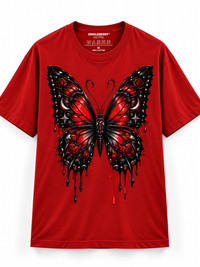 Zingleberry Crimson Nocturne red unisex oversized Gothic butterfly T-shirt with black red wings roses crescent moons and dripping artwork.
