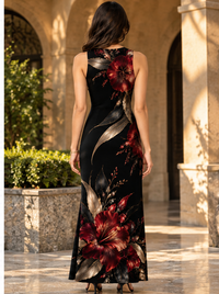 Back view of Zingleberry women's black floral bodycon maxi dress featuring deep burgundy flowers, golden botanical leaves and an elegant sleeveless silhouette.