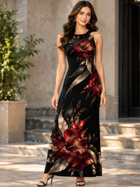 Zingleberry women's black and burgundy floral sleeveless bodycon maxi dress front view with oversized crimson flowers and champagne-gold botanical leaves.