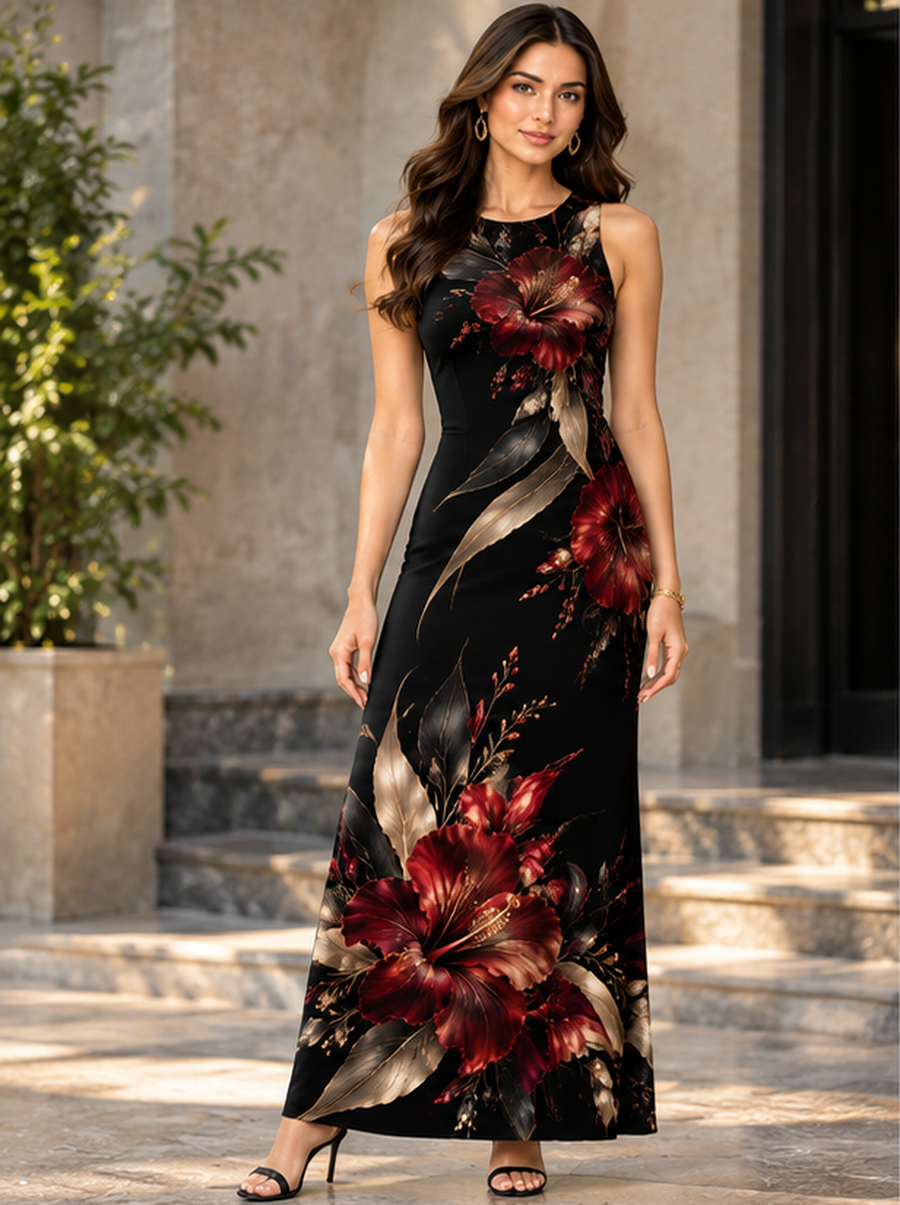 Zingleberry women's black and burgundy floral sleeveless bodycon maxi dress front view with oversized crimson flowers and champagne-gold botanical leaves.