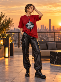 Female model wearing Zingleberry Crimson North red oversized graphic T-shirt with black trousers and combat boots