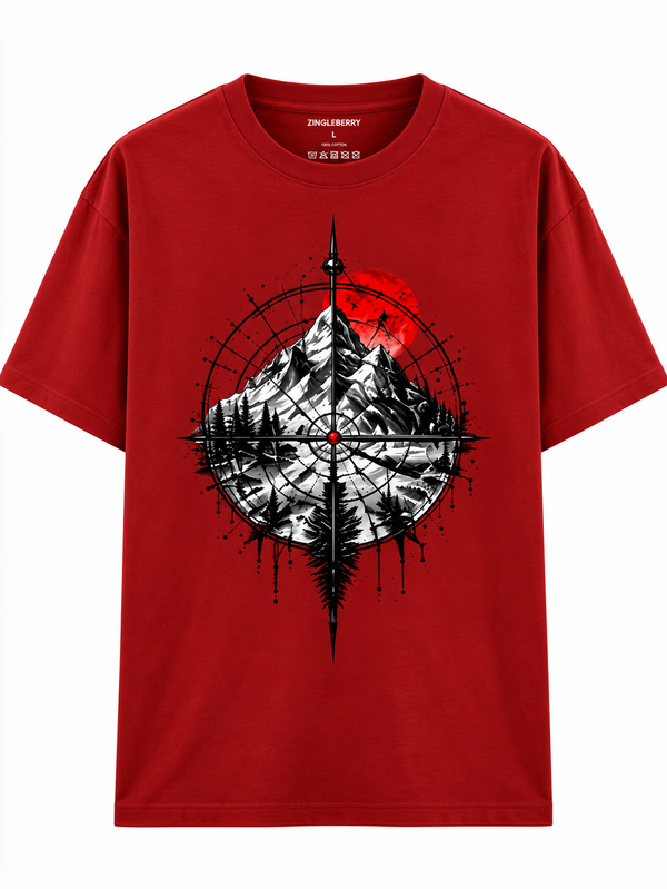 Zingleberry Crimson North red unisex oversized T-shirt with mountain forest compass and red moon graphic