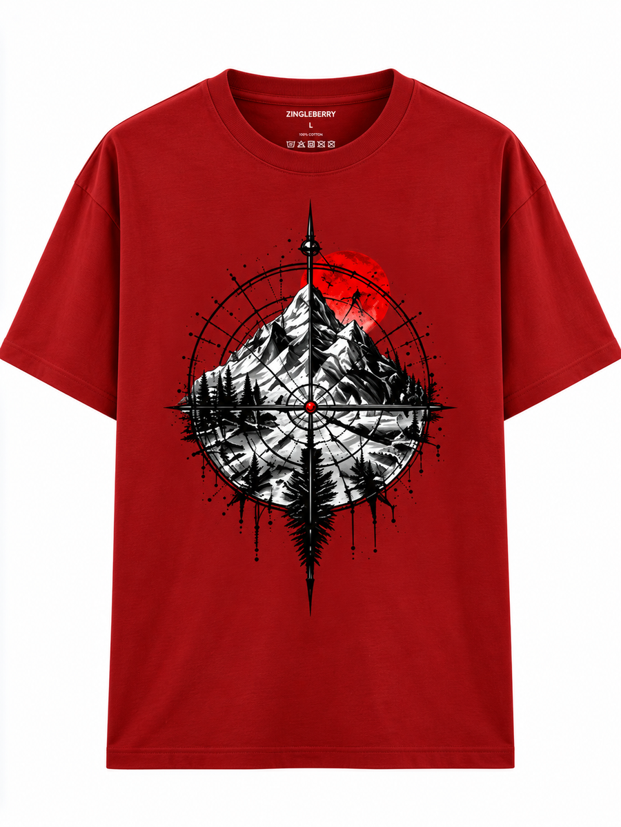 Zingleberry Crimson North red unisex oversized T-shirt with mountain forest compass and red moon graphic