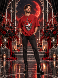 Male model wearing Zingleberry Crimson Rose Skull red oversized Gothic T-shirt with black jeans and boots.