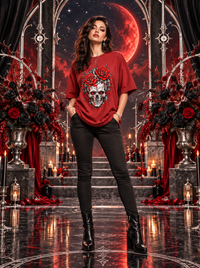 Female model wearing Zingleberry Crimson Rose Skull premium red oversized Gothic graphic T-shirt with black jeans and ankle boots.