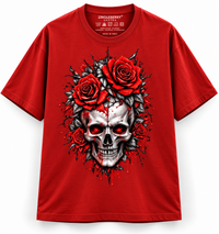 Zingleberry Crimson Rose Skull red unisex oversized Gothic T-shirt with skull and red rose front graphic.