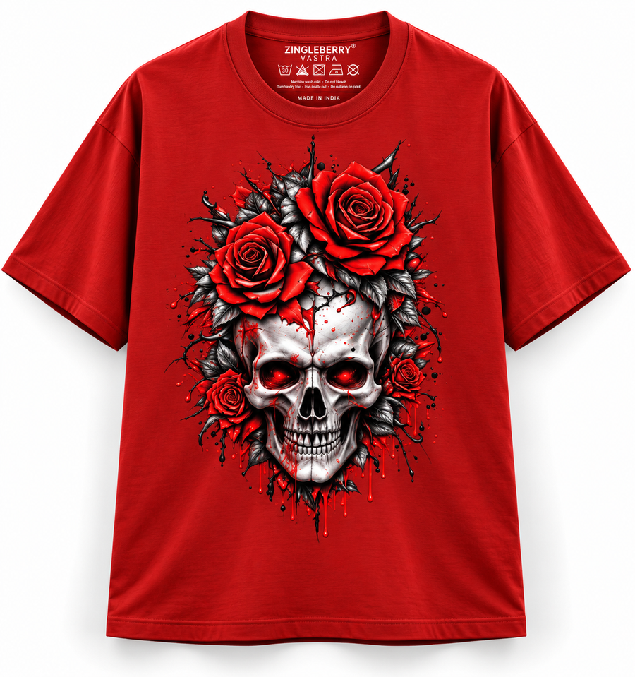 Zingleberry Crimson Rose Skull red unisex oversized Gothic T-shirt with skull and red rose front graphic.