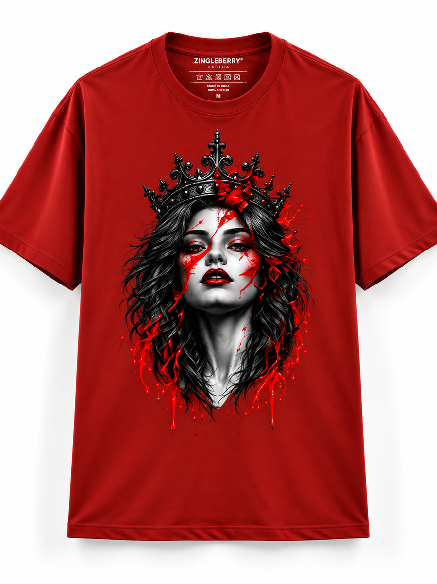 Zingleberry Crimson Sovereign red unisex oversized T-shirt with crowned Gothic queen front graphic