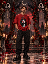 Male model wearing Zingleberry Crimson Sovereign red Gothic oversized T-shirt with black cargo trousers and boots