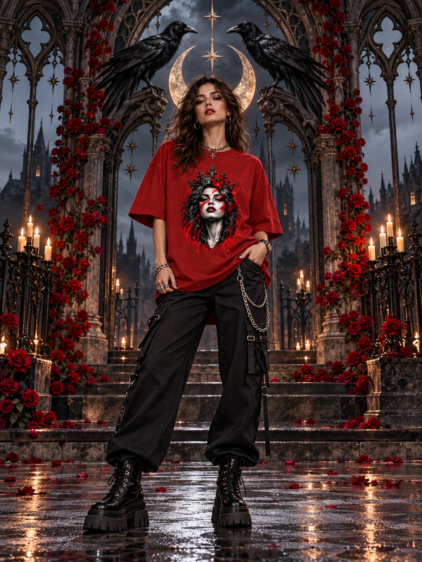 Female model wearing Zingleberry Crimson Sovereign red Gothic oversized T-shirt with black cargo trousers and chunky boots