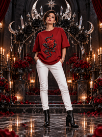 Female model wearing Zingleberry Crimson Thorn premium red oversized Gothic T-shirt with white trousers and black boots.