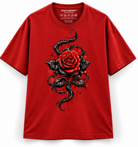 Zingleberry Crimson Thorn red unisex oversized Gothic T-shirt with crimson rose and black thorn graphic.