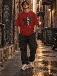 Male model wearing Zingleberry Crown Skull and Roses red oversized 100% cotton graphic T-shirt with black cargo pants.