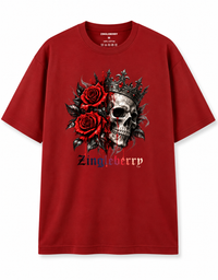 Zingleberry Crown Skull and Roses red oversized unisex round neck T-shirt made from 100% premium cotton.