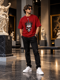Male model wearing Zingleberry Crowned Chaos red Gothic oversized T-shirt with black jeans and white sneakers