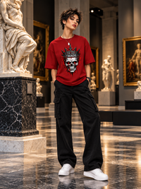 Female model wearing Zingleberry Crowned Chaos red Gothic oversized T-shirt with black cargo trousers and white sneakers