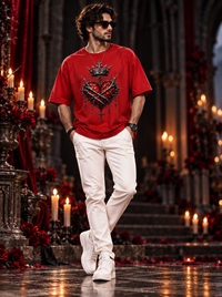 Male model wearing Zingleberry Crowned Heart red oversized Gothic T-shirt with crowned thorn heart graphic and white trousers.