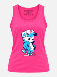 Zingleberry women’s pink cotton tank top featuring a cute streetwear cartoon character graphic in blue and white.