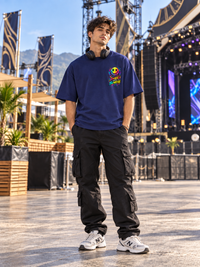 Male model wearing Zingleberry Dance Until Sunrise navy blue oversized T-shirt with colourful  left chest graphic at a music festival.
