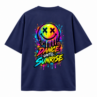 Zingleberry Dance Until Sunrise navy blue unisex oversized T-shirt with neon melting smiley face and colourful graffiti back graphic.