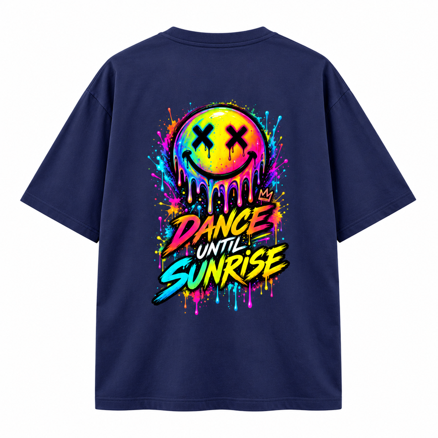 Zingleberry Dance Until Sunrise navy blue unisex oversized T-shirt with neon melting smiley face and colourful graffiti back graphic.