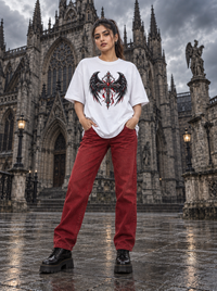Female model wearing Zingleberry Dark Ascension white gothic winged cross oversized T-shirt with red jeans and black boots.