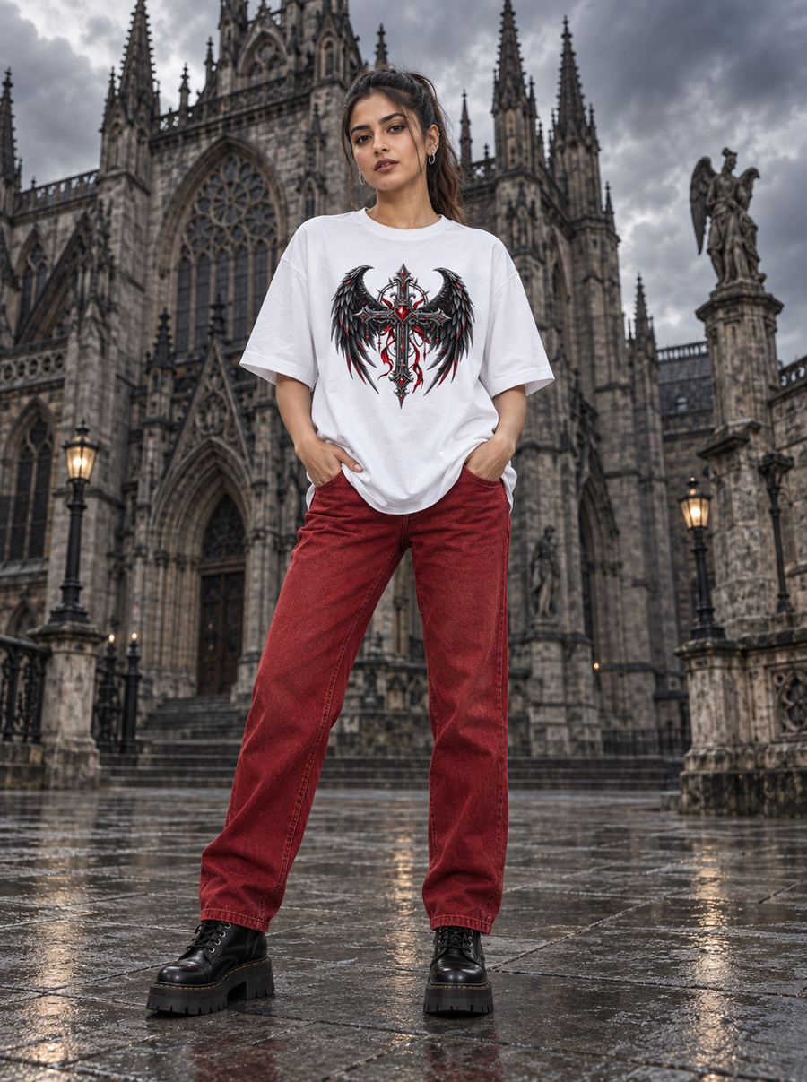 Female model wearing Zingleberry Dark Ascension white gothic winged cross oversized T-shirt with red jeans and black boots.
