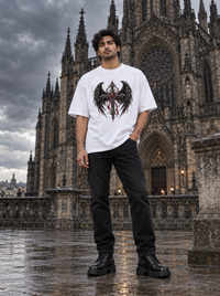 Male model wearing Zingleberry Dark Ascension white gothic winged cross graphic T-shirt with black jeans and combat boots.