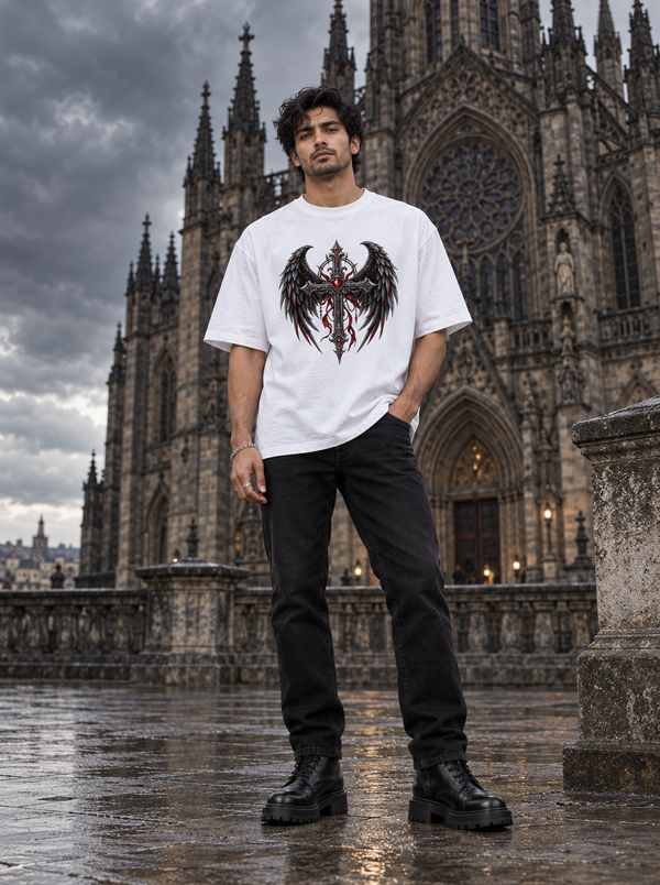 Male model wearing Zingleberry Dark Ascension white gothic winged cross graphic T-shirt with black jeans and combat boots.