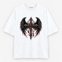 Zingleberry Dark Ascension white oversized T-shirt featuring black gothic winged cross artwork with crimson red detailing.
