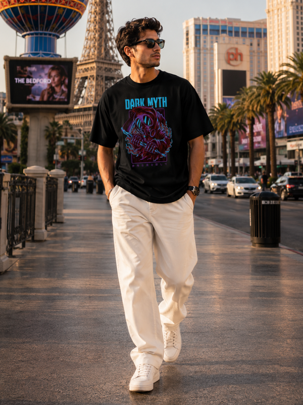 Male model wearing Zingleberry Dark Myth Premium Black Cotton Graphic T-Shirt paired with white trousers for modern streetwear summer fashion.