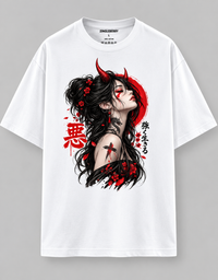 Zingleberry Dark Oni Girl white oversized unisex round neck T-shirt made from 100% premium cotton with red and black Japanese-inspired graphic artwork.