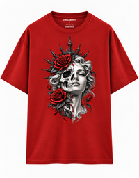 Zingleberry Dark Rose Queen red oversized unisex 100% cotton T-shirt featuring half-woman half-skull portrait with gothic crown and roses.