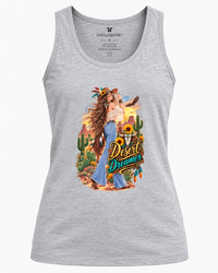 Zingleberry Desert Dreamer women’s grey cotton tank top featuring a western cowgirl graphic with cactus, sunflowers and desert-inspired artwork.