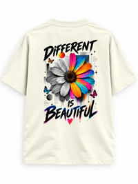 Zingleberry Different Is Beautiful premium off-white oversized T-shirt with large multicolour flower and butterfly back graphic.