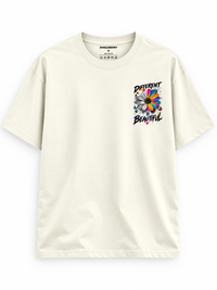 Zingleberry Different Is Beautiful off-white unisex oversized T-shirt with colourful floral left-chest print.