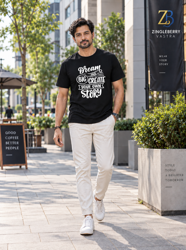 Male model wearing Zingleberry Dream Big Create Your Own Story black pure cotton graphic T-shirt with white trousers.