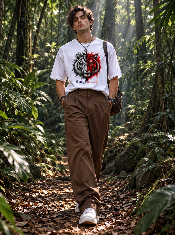Male model wearing Zingleberry Dual Tiger white oversized 100% cotton graphic T-shirt styled with brown relaxed trousers.