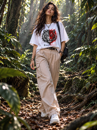 Female model wearing Zingleberry Dual Tiger white oversized cotton T-shirt featuring red and black tiger artwork with beige cargo pants.