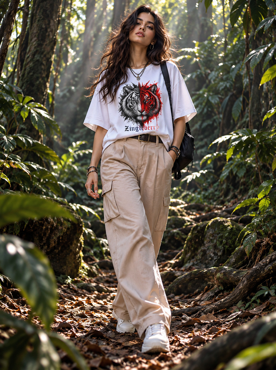 Female model wearing Zingleberry Dual Tiger white oversized cotton T-shirt featuring red and black tiger artwork with beige cargo pants.