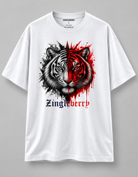 Zingleberry Dual Tiger white oversized unisex round neck T-shirt made from 100% premium cotton with red and black tiger graphic
