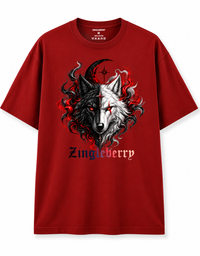 Zingleberry red oversized unisex cotton T-shirt featuring black and white dual wolf crescent moon gothic graphic.