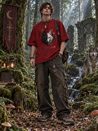 Male model wearing Zingleberry Dual Wolf Moon red oversized 100% cotton T-shirt with dark cargo pants in a forest setting.