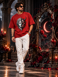 Man wearing Zingleberry Duality Within red oversized Gothic T-shirt featuring black and silver split-face artwork.