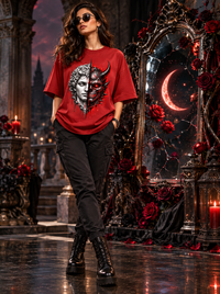 Woman wearing Zingleberry Duality Within premium red oversized Gothic graphic T-shirt with black cargo trousers and boots.