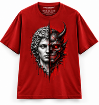 Zingleberry Duality Within red unisex oversized Gothic T-shirt with split classical face and horned skull front graphic.