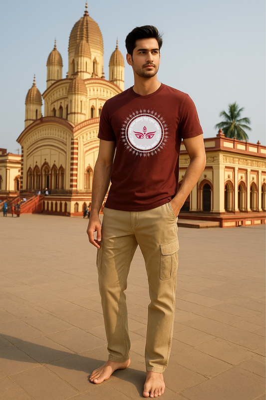 Male model wearing Zingleberry Premium Durga Maa Printed Red Brick Unisex Cotton T-shirt with spiritual round neck design 